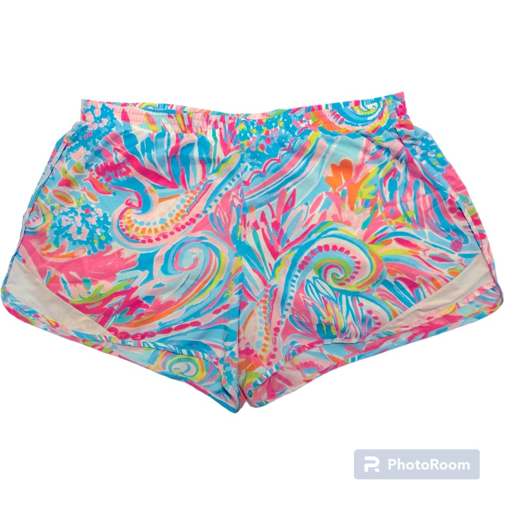 Lilly Pulitzer EUC 4” Luxletic Ocean Trail Shorts Multi Carnival Coral Size XL